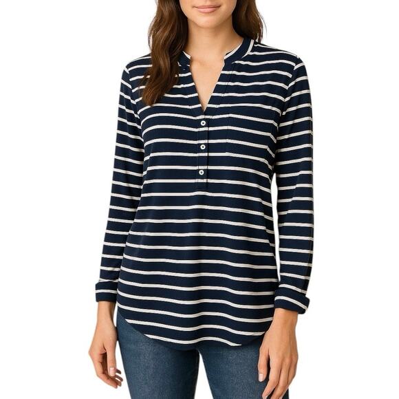 Revolve LA Made Womens Large Button Up Top Blue Stripe Nautical Cruise Wear NWT - Picture 1 of 8